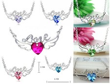 Crystal Heart Angel Wing Love Silver Pendant Charm Chain Necklace Free Gift Bag