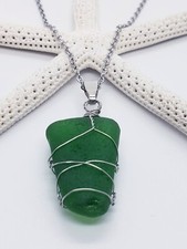Real Genuine Emerald Green Sea Glass Wire Wrapped Pendant Necklace
