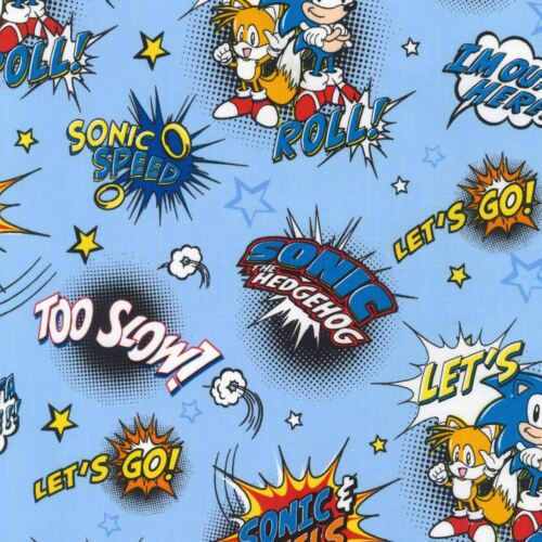 Sonic the Hedgehog Lets Roll Blue Cotton Quilting Fabric 1/2 YARD