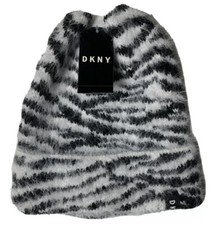 DKNY Women's Fuzzy Animal Print Beanie Knit Hat Leopard White Y9