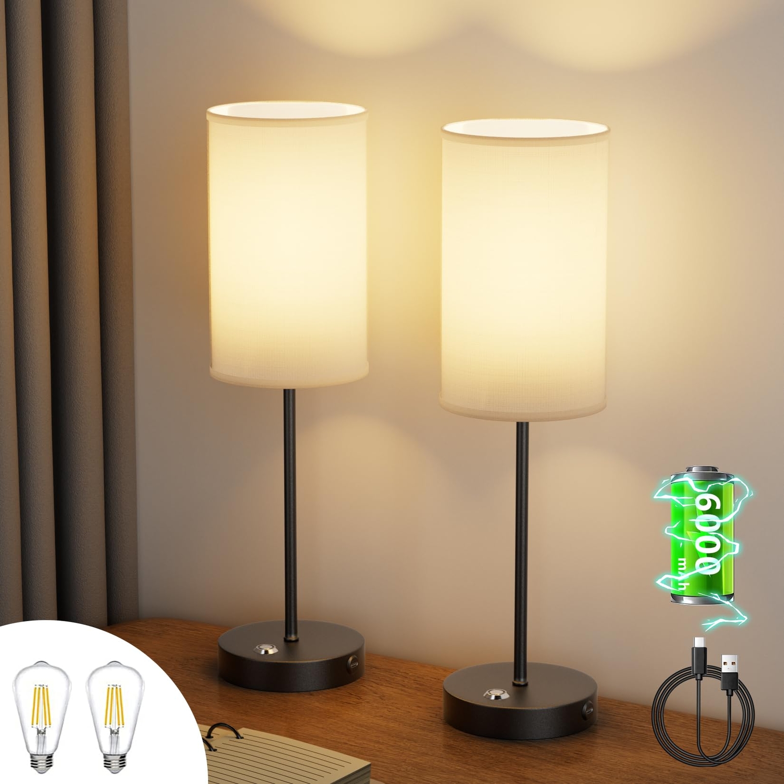 2-Pack Cordless LED Table Lamp 6000mAh Rechargeable Lamp Battery Operated Tab...