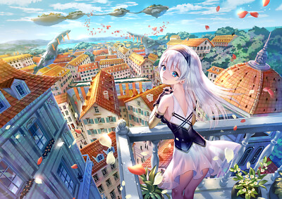 Anime building long hair city clouds dress flowers CCG Gaming Mat Desk
