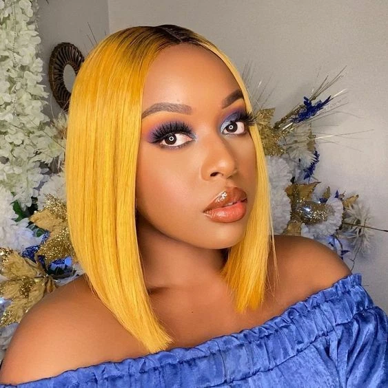 Yellow Bob Wigs Dark Roots 14 inch Lace Front Wigs Short Straight Wigs for Women