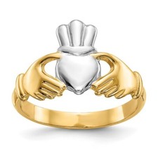 Real 14kt Polished and Rhodium Claddagh Ring S:6