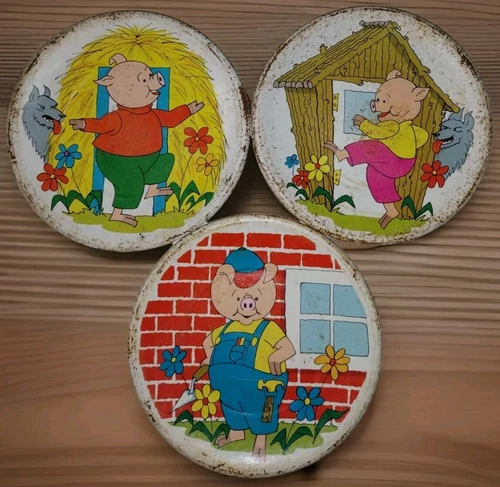 Vintage Toys Tin Lithograph Plate Set 3 Metal Three Little Pigs Ohio Arts 1950s