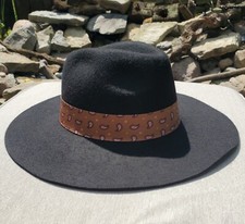 Black Boho Western Wide Brim Fedora adjustable One Size Hat With Paisley Scarf