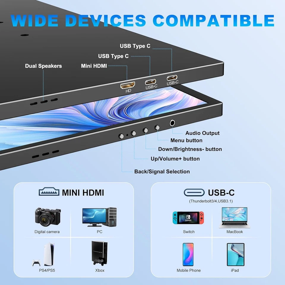 18.5" 1920x1080 Portable Monitor 120Hz Gaming Monitor 2000:1 400nits Freesync - Image 4 of 4