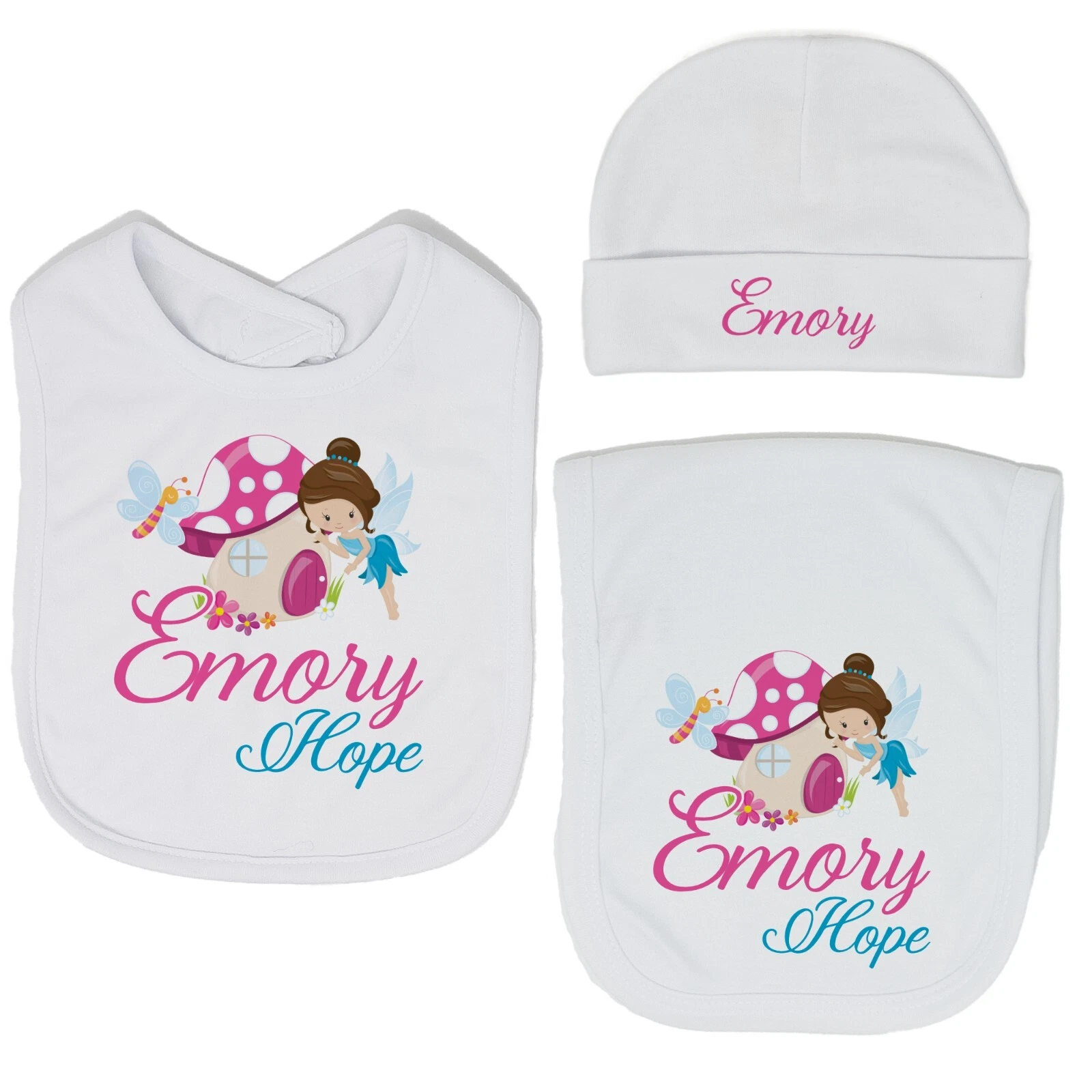 Baby Girl Personalized Custom Woodland Fairy 1 Bib and Burp Cloth Set VS2