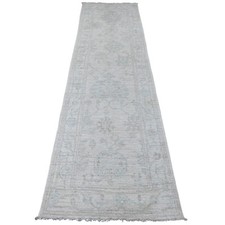 2'8" x 9'8" White Hand Knotted Angora Oushak Leaf Design Wool Runner Rug R20577