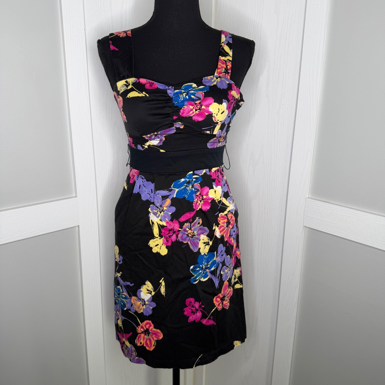 Candie's Floral Sleeveless Mini Dress Women Size 1 Black Pink Purple Pockets