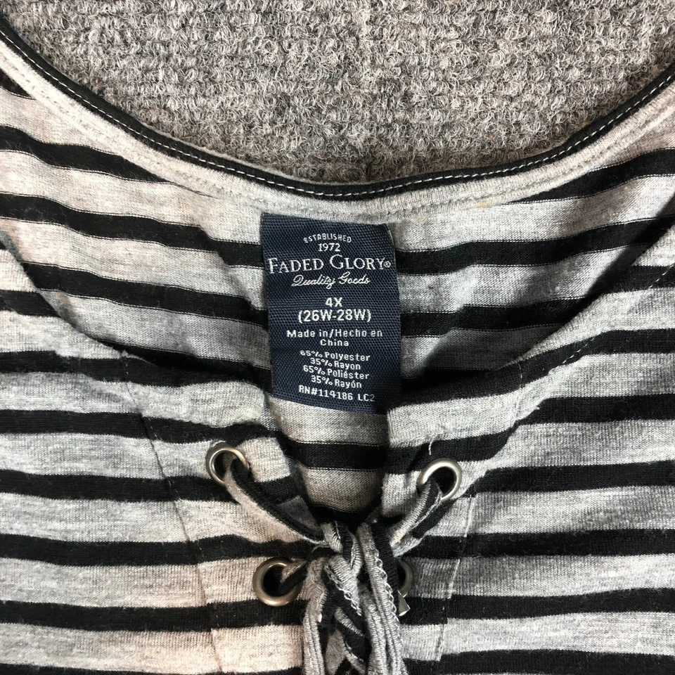 Top túnica Faded Glory talla grande 4X negro blanco a rayas cuello con cordones manga 3/4 Foto 3 de 4