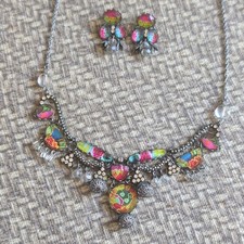Multicolor Crystal Rhinestone Jewelry Set Necklace Earrings, Silver Tone