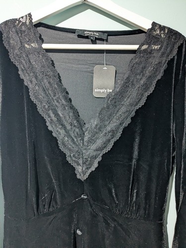 Simply Be Black Crushed Velvet Lace Button Gothic Skater Dress, Size 10 NEW - Picture 2 of 9