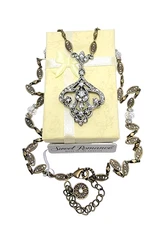 Sweet Romance Bronze & Silver Tone Necklace and Pendant w/Clear Gems  NEW