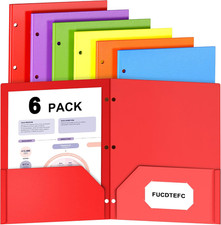 6 Pack Folders with Pockets, Plastic 3 Hole Punched Binder Folders with Business