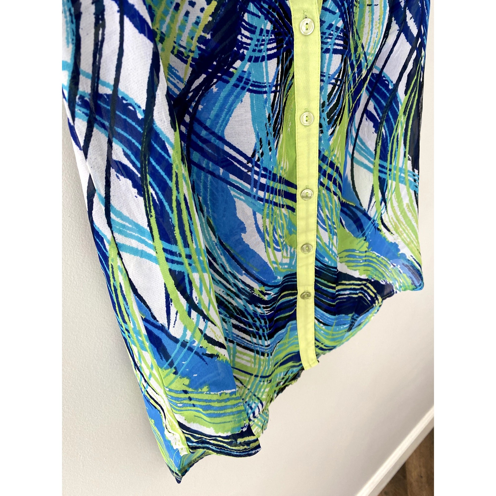 Y2K Wrapper Collared Button-up Green and Blue Pat… - image 6