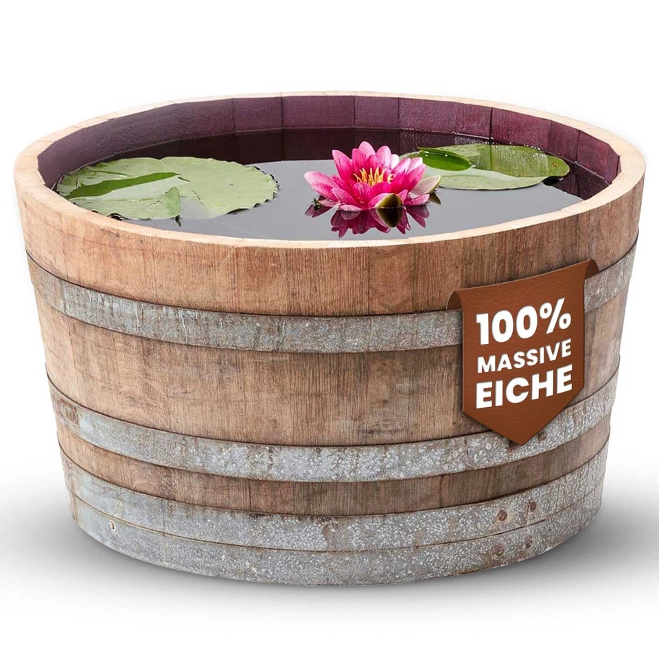 Holzfass, Fass halbiert, Eichenfass, Weinfass Miniteich, Pflanzkübel Holz, Eiche