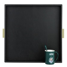 Elegant Decorative Serving Tray, 20"x20" Square Faux Leather Ottoman Tray wit...