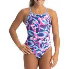 Dolfin Uglies Swimsuit Womens 28 One Piece Blue Pink Swirl Training Suit NWT