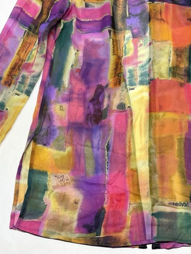 Rainbow Multi Watercolor Artsy Abstract Open Drape Silk Cardigan Chicos Size 0 S - Picture 14 of 20