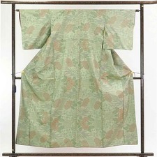 Clearance Recycled Silk Tsumugi Kimono Green Lined Women's M