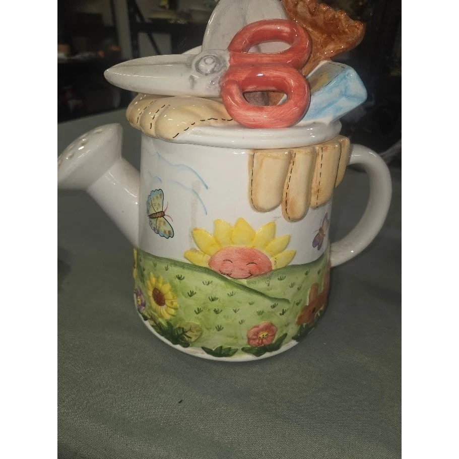 Vintage Ceramic Watering Can Cookie Jar Garden Theme Sunflower Butterfly 9in