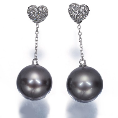 #ad Auth Mikimoto Earrings Black South Sea Pearl Diamond Heart Paved 2WAY 18K WG $1925.83
