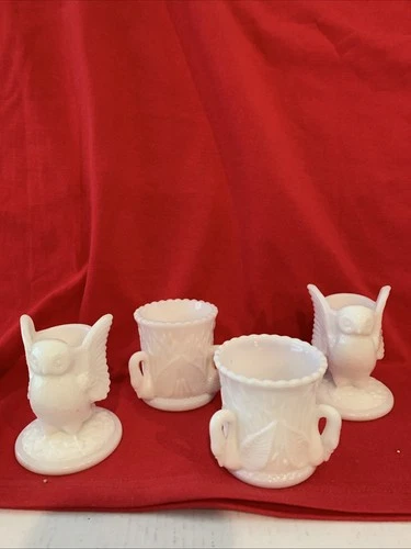 Vtg White Milk Glass WESTMORELAND Owl Shaped and 3 Swans Toothpick Holders