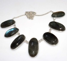 925 Silver Plated Big Cluster Fiery Labradorite Necklace 18" Most Beautiful JW
