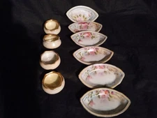 VINTAGE 6 FLORAL SALT DIPS JAPAN- 4 IRIDESCENT WITH GOLD SALT DIPS ROYAL AUSTRIA