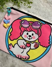 New Retro 80s Style Poochie Dog Pink Makeup Tech Pencil Bag w/ Charm - 8.5 x 6