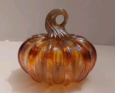 Handblown Glass Pumpkin Amber & Gold Signed By Artist Small Piece Broke Off Stem