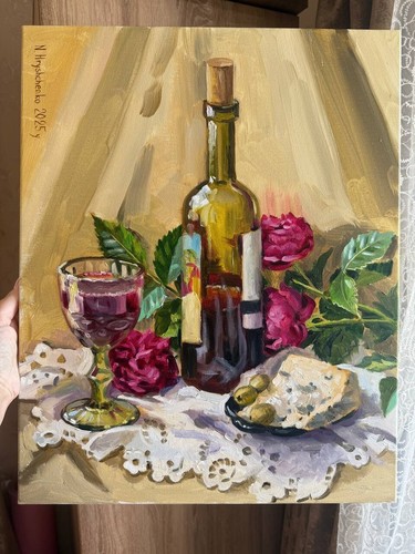 Still life Wine, a glass of red, a blue cheese, olives Original Oil Painting - Picture 3 of 9