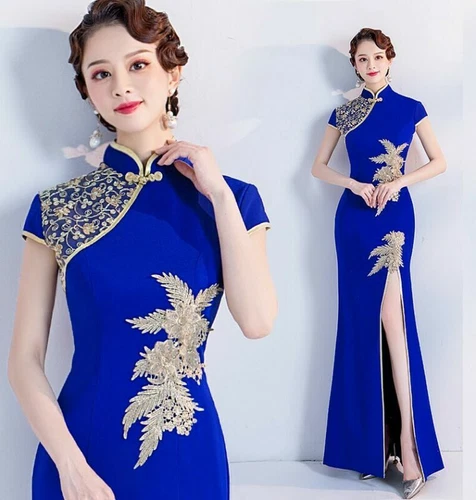 Hochgeschlitztes chinesisches Qipao-Damenkleid Cheongsam Stickerei Abschlussball Abend Party - Bild 14 von 17