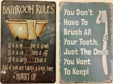 TWO 8x12 TIN SIGNS Bathroom rules funny hurry children kids guests brush teeth