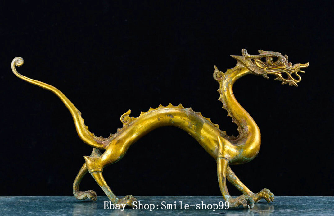 15.7 Inch Warring States Bronze Feng Shui Dragon Beast Statue Gilded-image