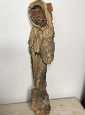 18" Hand Carved Wood Spirit Old Man Tree Bark Sculpture Wall Art