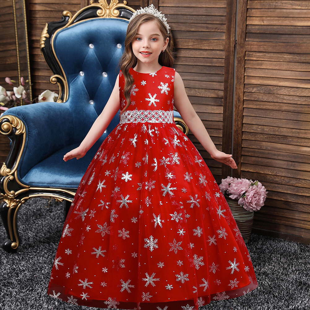 open lace back dress Red Sequin Ball Gown Long Sleeve Dress for Girls | Red / 7-8 Years (140cm)