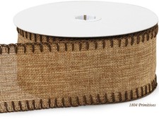 NEW - 10 Yds Natural Burlap Ribbon w/Chocolate Blanket Stitch EDGES 2-1/2" wide