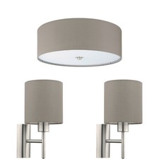 Low Ceiling Light & 2x Matching Wall Lights Taupe Fabric Round Shade Lamp