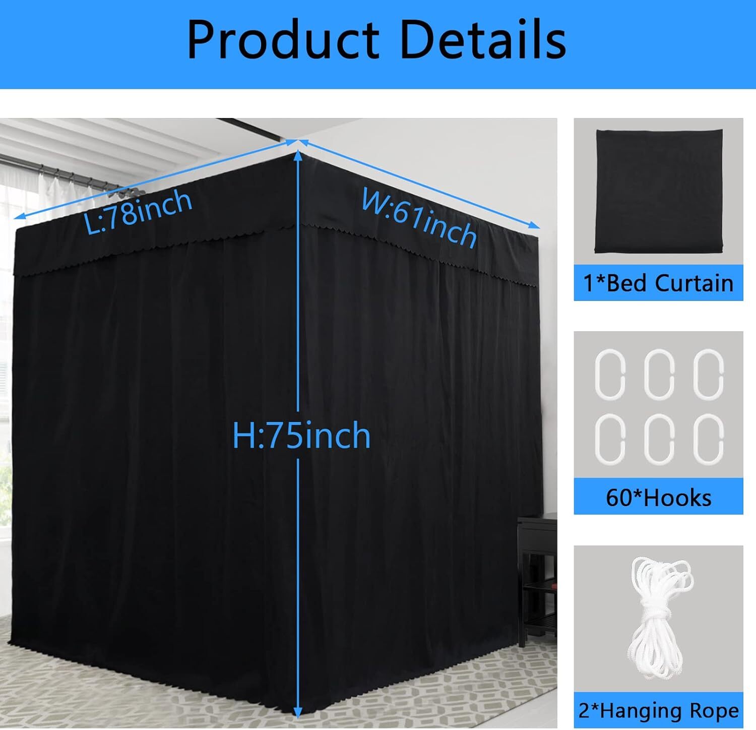 Black Queen Canopy Bed Curtains 90 Lightproof 4 Openings Durable Polyester
