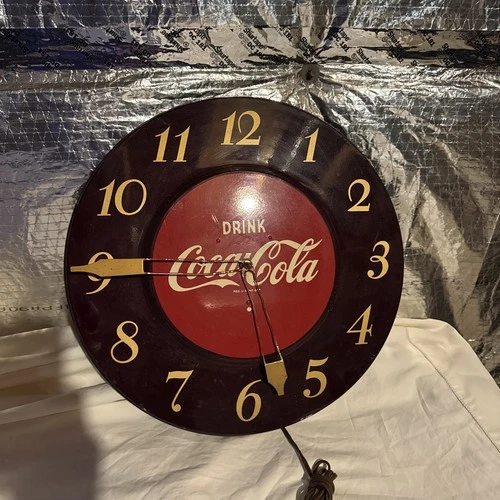 Vintage 1951 Coca Cola Maroon Colored Round Metal Wall Clock 17 1/2 in. Works