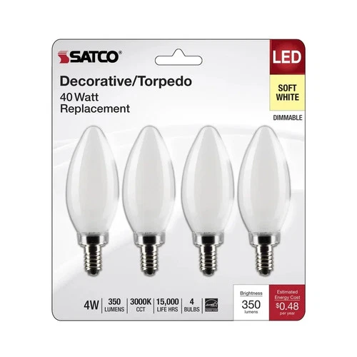4W B11 LED - Frosted - Candelabra Base - 3000K - 350 Lumens - 120V - 4-PACK - Picture 4 of 5
