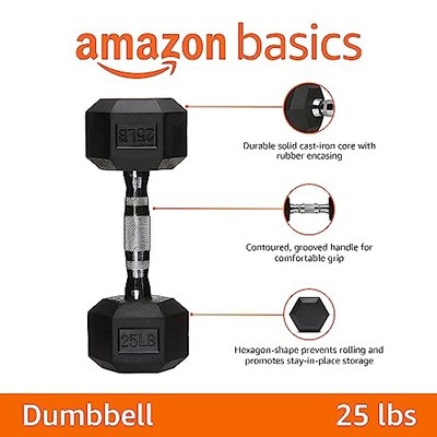 AMAZON BASICS RUBBER HEX DUMBBELL HAND WEIGHT 25LB SINGLE BLACK - BLACK
