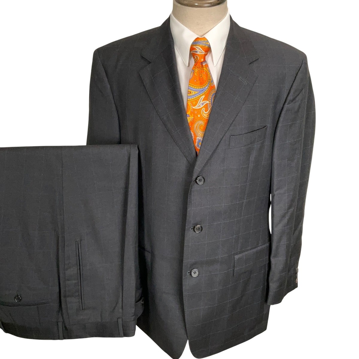 Hugo Boss Suit Men 42R Charcoal Gray Windowpane Plaid 3-Button Corporate Wool View 2