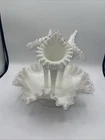 Fenton 3 Horn Epergne Milk Glass Silver Crest Vase 10.5” Vintage Milk Glass