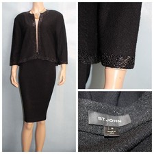 St John Black Jacket L Size 10 12 Blazer Sequined Stud Trim Shimmer Open Front