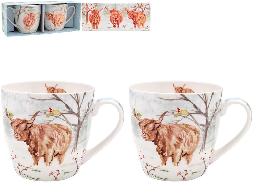 Christmas Highland Cow Festive Set of 2 Mugs Gift Boxed