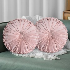 Set of 2 Pink Ruched Velvet Round Throw Pillows   14.5    Decorative Pillows w...