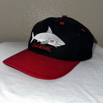 Rare Vintage 1990s Sea World Shark Snapback Hat Black And Red Great White Shark